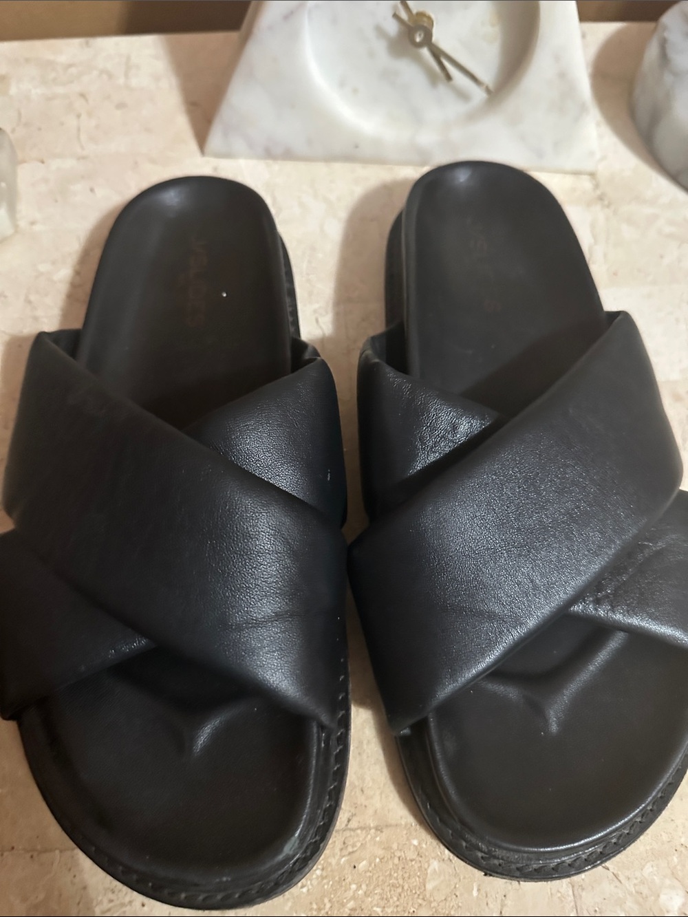J/SLIDES Black Crisscross Leather Slide Sandals